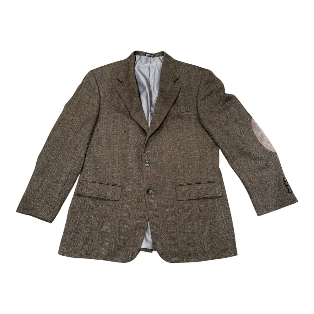 Oscar de la Renta Mens 41R Lambswool Herringbone Blazer Brown Elbow Patches